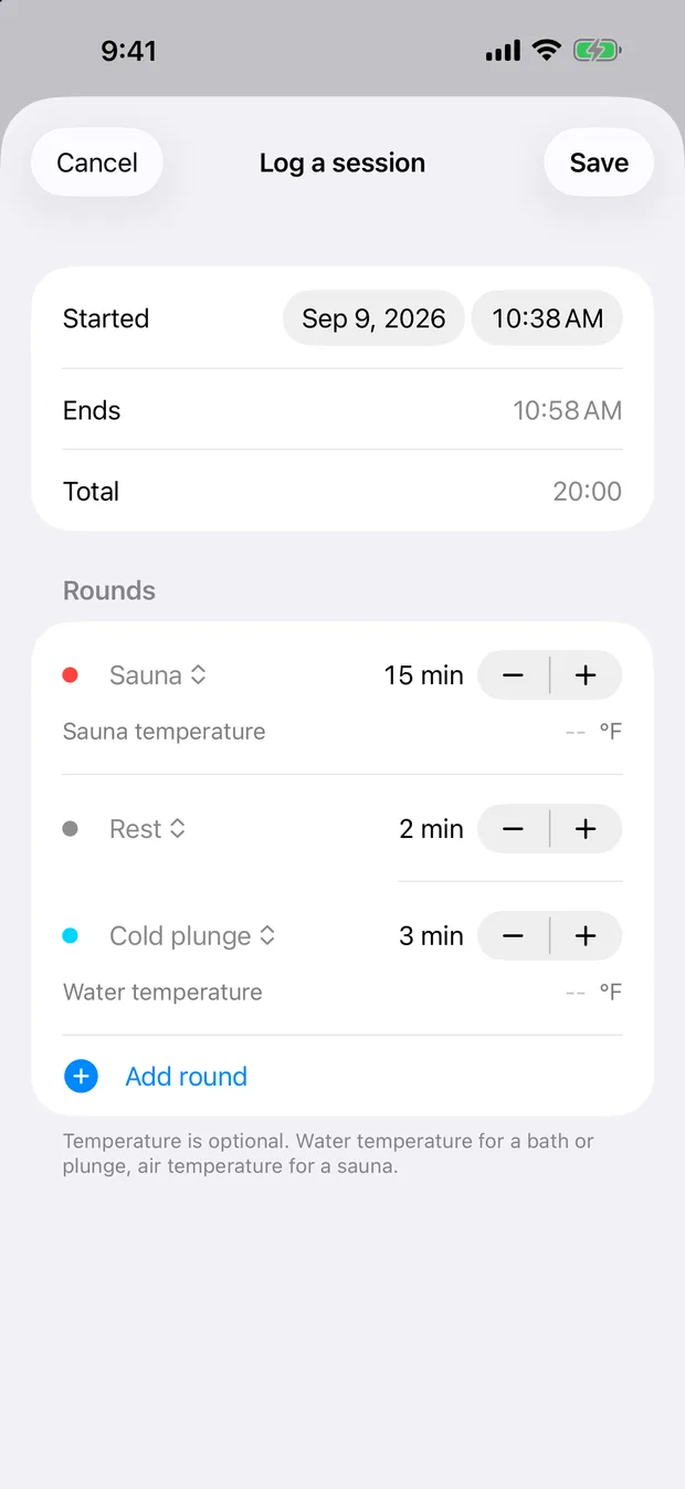 The manual log screen in Contrast, with fields for the session start time and a list of rounds, each with a modality, a duration and a temperature