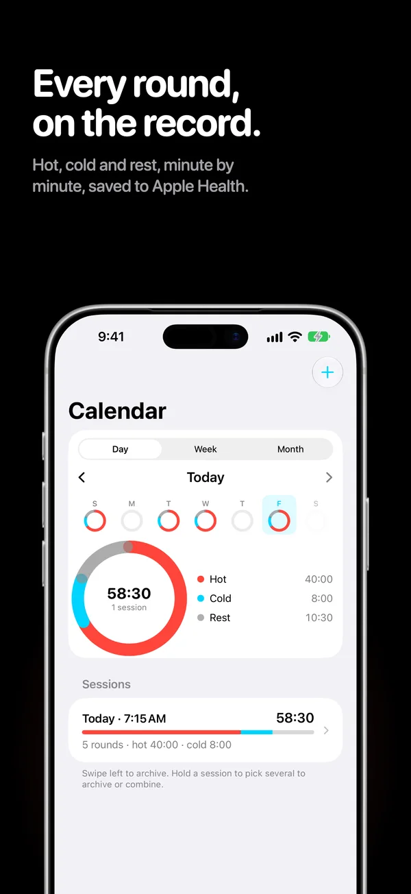 Every round, on the record. Hot, cold and rest, minute by minute, saved to Apple Health. The iPhone calendar with one day drawn as a ring split into hot, cold and rest.