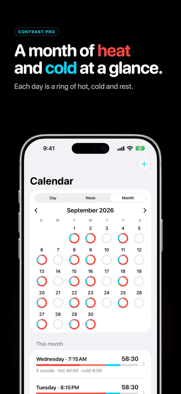 Contrast Pro. A month of heat and cold at a glance. Each day is a ring of hot, cold and rest. The calendar’s month view.