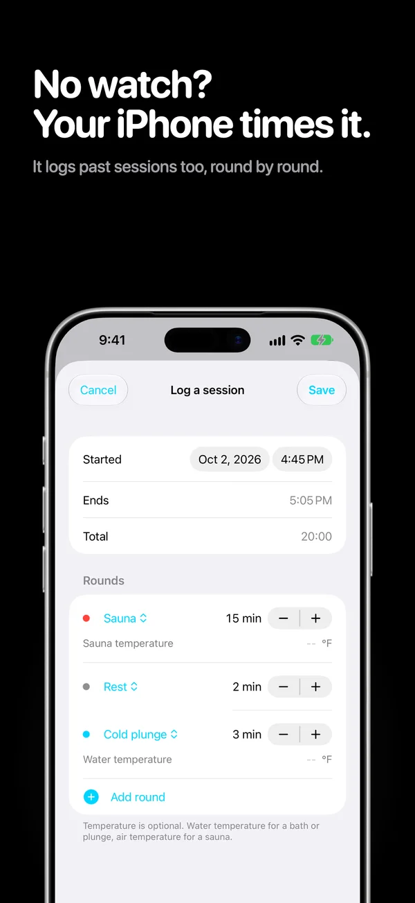 No watch? Your iPhone times it. It logs past sessions too, round by round. The form for logging a session by hand, with a start time and three rounds.