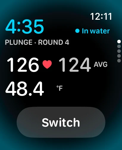 The Contrast watch screen during a plunge, showing a round clock reading 4:05 in cyan, the label PLUNGE ROUND 4, a heart rate of 126 with a round average of 124, a water temperature of 48.4 °F, and a Switch button