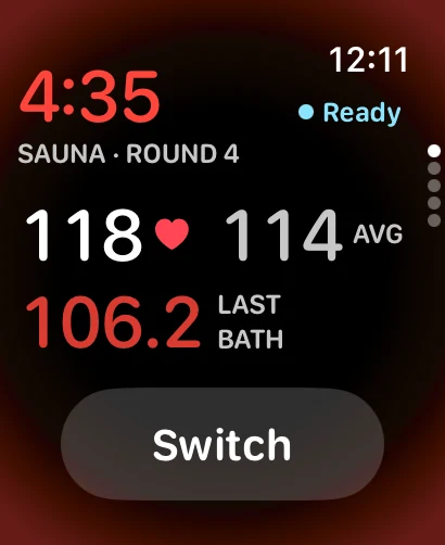 The Contrast watch screen during a sauna round, showing 4:35 in red, the label SAUNA ROUND 4, heart rate 118 with a round average of 114, and a last bath reading of 106.2